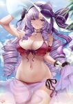  1girl bangs bare_shoulders bikini black_gloves blue_sky blush bow breasts cleavage collarbone cyicheng drill_hair gloves hairband half_gloves hat hat_bow hyakumantenbara_salome large_bow large_breasts light_purple_hair long_hair looking_at_viewer nijisanji parted_bangs purple_eyes red_bikini sarong sky smile solo sun_hat swimsuit thighs very_long_hair virtual_youtuber white_headwear wrist_cuffs 