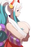  1girl bare_shoulders breasts closed_mouth crossed_arms curled_horns eyelashes from_side green_hair hair_ornament hair_stick highres horns huge_breasts japanese_clothes kimono lips long_hair looking_at_viewer looking_to_the_side multicolored_hair multicolored_horns nipples no_bra one_piece oni orange_horns red_horns rope shimenawa sho-n-d simple_background sleeveless sleeveless_kimono solo two-tone_hair upper_body very_long_hair white_background yamato_(one_piece) yellow_eyes 