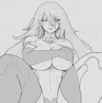  1girl alternate_breast_size big_hair blush breasts cleavage covering covering_breasts elbow_gloves english_commentary fingernails gloves hair_between_eyes highres huge_breasts joints long_hair looking_at_viewer m_legs messy_hair mole mole_under_mouth monochrome navel nier_(series) nier_automata pubic_hair pubic_hair_peek robot_joints shorts single_elbow_glove sitting sketch solo sweat thighhighs underwear yoracrab yorha_type_a_no._2 