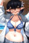  1girl absurdres arm_up ayane_(blue_archive) bangs beach bikini black_hair blue_archive blue_bikini blush breasts casul cloud commentary english_commentary eyebrows_behind_hair flower glasses hair_between_eyes hair_flower hair_ornament hand_on_headwear hat highres jacket large_breasts long_sleeves looking_at_viewer medium_hair mixed-language_commentary navel open_clothes open_jacket open_mouth outdoors pointy_ears red-framed_eyewear smile solo straw_hat striped striped_bikini swimsuit teeth upper_body upper_teeth water wet white_flower white_jacket yellow_eyes 