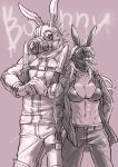  1boy 1girl animal_ears artist_name bra breasts caiman_(dorohedoro) cleavage collarbone cowboy_shot cracking_knuckles dorohedoro english_text facial_mark fake_animal_ears gas_mask gloves hands_in_pockets holster holstered_weapon jacket knife long_hair long_sleeves mask miso-234 monochrome navel nikaidou_(dorohedoro) open_clothes open_jacket own_hands_together pants rabbit_ears shoulder_holster simple_background spikes standing toned toned_male underboob underwear 