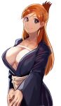  1girl bleach breasts brown_hair center_opening cleavage closed_mouth collarbone highres inoue_orihime japanese_clothes large_breasts long_hair looking_at_viewer orange_hair own_hands_together sash shaded_face sho-n-d sideboob smile solo sunlight white_sash 
