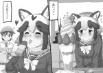  1boy 1girl :3 absurdres animal_ears blush captain_(kemono_friends) commentary_request extra_ears flying_sweatdrops food fur_collar greyscale helmet highres ice_cream kemono_friends kemono_friends_3 khakis kumasyan1998 long_sleeves monochrome neckerchief parfait pith_helmet raccoon_ears sailor_collar school_uniform serafuku short_hair short_sleeves sidelocks sweatdrop tanuki tanuki_(kemono_friends) tongue tongue_out translation_request uniform wallet 