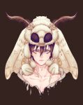  1boy animal_hat animal_on_head bangs black_hair bug closed_mouth collarbone dokuga dorohedoro eyelashes facial_mark hair_between_eyes hat highres male_focus moth on_head pectorals portrait short_hair simple_background solo straight-on symbol-shaped_pupils yellow_eyes zoujieyuan 