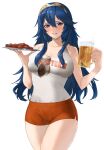  1girl absurdres alternate_breast_size beer_mug blue_eyes blue_hair breasts chicken_(food) cleavage cowboy_shot cup fire_emblem fire_emblem_awakening foam food hair_between_eyes highres holding holding_cup holding_plate hooters kataku_musou long_hair lucina_(fire_emblem) medium_breasts mug no_legwear orange_shorts parted_lips plate revision short_shorts shorts signature simple_background solo tank_top thighs tiara waitress wavy_hair white_background white_tank_top 