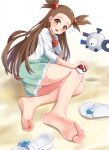  1girl barefoot blush bow bowtie brown_hair commentary_request dress eyelashes feet flying_sweatdrops greek_toe green_dress hair_bobbles hair_ornament highres holding holding_poke_ball iberiko_(soinesitai) jasmine_(pokemon) knees_together_feet_apart legs long_hair magnemite poke_ball poke_ball_(basic) pokemon pokemon_(creature) pokemon_(game) pokemon_hgss sandals sandals_removed sleeves_past_elbows soles solo toes two_side_up yellow_eyes 