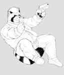  2022 absurd_res anthro belly bottomwear clothing facial_hair gun hi_res humanoid_hands kamui_shirow male mammal mustache necktie overweight overweight_male pants procyonid raccoon ranged_weapon shirt simple_background solo topwear weapon 