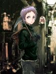  1girl backpack bag black_gloves black_shirt breasts cowboy_shot dorohedoro dust ebisu_(dorohedoro) from_side gloves grey_pants hands_up highres industrial_pipe long_sleeves looking_at_viewer looking_to_the_side osakanaotoko pants parted_lips purple_hair scythe shirt short_hair solo weapon 