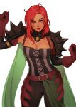  1girl absurdres alexia_khodanian armor belt breasts brown_eyes brown_gloves cape cleavage cross-laced_clothes dark-skinned_female dark_skin detached_collar fire_emblem fire_emblem:_three_houses fire_emblem_warriors:_three_hopes gloves green_cape hapi_(fire_emblem) highres large_breasts looking_at_viewer medium_hair official_alternate_costume official_alternate_hairstyle red_hair shoulder_armor simple_background smile solo 