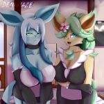  absurd_res accessory alba_the_glaceon anthro bed bedroom big_breasts big_ears birthmark blue_body blue_skin breasts clothed clothing dennhaze digital_media_(artwork) duo ears_up eeveelution female female/female flower flower_in_hair freckles furniture glaceon glass hair hair_accessory hi_res leaf leafeon looking_at_viewer maid_uniform markings nintendo plant pok&eacute;mon pok&eacute;mon_(species) sibling signature sister sisters smile smirk tail television uniform video_games white_hair wide_hips zuri_the_leafeon 