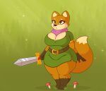  2022 anthro big_breasts blepwep breasts canid canine cleavage clothed clothing digital_media_(artwork) dipstick_tail eyelashes female fox fungus gloves_(marking) grass green_clothing hi_res holding_object holding_sword holding_weapon leg_markings mammal markings melee_weapon mushroom plant ruin_seeker scarf short_stack socks_(marking) solo sword tail_markings thick_thighs tunic tunic_(video_game) weapon 