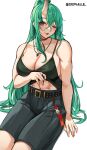  1girl abs absurdres arknights artist_name belt breasts brown_eyes cleavage clothes_lift collarbone cromwellb green_hair highres horns hoshiguma_(arknights) large_breasts lifted_by_self long_hair looking_at_viewer muscular muscular_female navel one_eye_closed piercing ponytail shirt_lift single_horn solo tongue tongue_out tongue_piercing twitter_username 