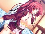  bed bra bra_pull breasts censored game_cg highres lingerie magus_tale medium_breasts mosaic_censoring open_clothes open_shirt ponytail red_eyes red_hair seera_finis_victoria sex shirt sitting solo_focus tenmaso underwear yellow_bra 