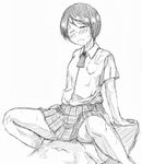  1girl bad_id bad_pixiv_id blush clothed_sex greyscale hetero hiwatari jun_(666) monochrome one_eye_closed plaid plaid_skirt saliva school_uniform sex short_hair sketch skirt solo_focus spread_legs yotsubato! 