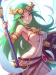  1girl armlet bare_shoulders bracer breasts buckler closed_mouth cowboy_shot dress feathers green_eyes green_hair highres jewelry kid_icarus liyart long_hair looking_at_viewer medium_breasts necklace nintendo one_breast_out palutena revealing_clothes shield sidelocks smile solo staff very_long_hair white_dress 