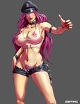  blue_shorts breasts cuffs dmitrys final_fight handcuffs hat huge_breasts midriff navel nipple_piercing nipples open_fly peaked_cap piercing poison_(final_fight) pubic_hair see-through shorts solo unzipped zipper 