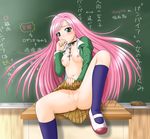  akashiya_moka akinojo censored chalkboard classroom classroom_eraser cross green_eyes green_shirt indoors long_hair no_bra no_panties open_clothes open_shirt pink_hair pointless_censoring rosario+vampire shirt sitting skirt skirt_lift solo table translation_request very_long_hair 