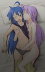  ahoge ameco bad_id bad_pixiv_id bed blue_hair blush breast_grab breast_press breast_slip breasts closed_eyes fingering grabbing hand_in_panties hiiragi_kagami izumi_konata lucky_star lying mole mole_under_eye multiple_girls navel nude on_back on_bed on_side one_breast_out one_eye_closed open_mouth panties purple_hair small_breasts underwear yuri 