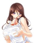  apron between_breasts breast_squeeze breasts brown_hair cum hot_dog huge_breasts jyuru licking long_hair mature naked_apron original purple_eyes sexually_suggestive solo tongue 