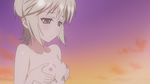  artist_request bandaid blue_eyes breast_grab breast_squeeze breasts ezomori_nozomu grabbing kanokon nipples no_nose nude sad short_hair silver_hair small_breasts solo sunset 