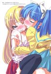  bare_shoulders blonde_hair blouse blue_eyes blue_hair blush facial flat_chest hair_ribbon koshigaya_tatsumi licking long_hair momotsuki_gakuen_school_uniform multiple_girls nipple_slip nipples no_bra non-web_source one_eye_closed open_mouth pani_poni_dash! rebecca_miyamoto ribbon sailor_collar scan school_uniform skirt strap_slip suzuki_sayaka sweat thighhighs twintails yellow_blouse yellow_sailor_collar yuri 