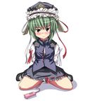  blush green_hair hat karakasa_(murakumo_koushou) kneeling ribbon shiki_eiki short_hair solo tears touhou vibrator 
