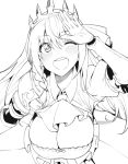  1girl amano_don bangs blush breasts cleavage gauntlets greyscale hand_over_face large_breasts long_hair monochrome one_eye_closed open_mouth pecorine princess_connect!_re:dive tiara ub 