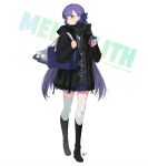  1girl bad_id bad_twitter_id bag black_footwear boots cardigan cellphone character_name coat eyebrows_visible_through_hair fate/extra fate/extra_ccc fate_(series) full_body hair_ribbon high_heel_boots high_heels ice_skates knee_boots long_hair looking_away meltlilith mouth_hold nagu phone plaid plaid_skirt pleated_skirt purple_eyes purple_hair ribbon scarf school_bag school_uniform shoulder_bag simple_background skates skirt smartphone solo standing thighhighs very_long_hair white_background white_legwear zettai_ryouiki 