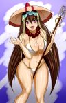  1girl bead_necklace beads bikini_top breasts brown_hair fate/grand_order fate_(series) gourd hat huge_breasts ichimegasa jewelry necklace off_shoulder smile xuanzang_(fate/grand_order) zantyarz 