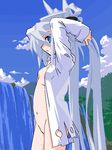 arms_behind_head arms_up belly blue_eyes hands_in_hair long_hair mof mof's_silver_haired_twintailed_girl naked_shirt navel no_panties oekaki open_clothes open_shirt original profile shirt silver_hair solo very_long_hair water waterfall 