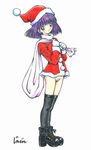  bishoujo_senshi_sailor_moon blue_eyes bob_cut boots bottomless christmas hat jinjin purple_hair pussy sack santa_costume santa_hat solo thighhighs tomoe_hotaru 