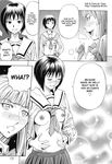  2girls between_breasts blush breasts daigo greyscale hard_translated hetero highres incest large_breasts licking monochrome multiple_girls nipples penis school_uniform sisters_(manga) sweat translated 