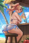  1girl alcohol ass backboob beach bikini blonde_hair blue_bikini blue_eyes blue_sky breasts cup drinking_glass exlic eyewear_on_head high_ponytail highres large_breasts metroid palm_tree samus_aran sand scrunchie shore sidelocks sitting sky stool swimsuit tree underboob water wrist_scrunchie 