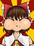  1girl ascot bangs bow brown_eyes brown_hair collared_shirt detached_sleeves food food_on_face frilled_hair_tubes frilled_shirt_collar frills hair_bow hair_tubes hakurei_reimu looking_at_viewer miazuma_sarin open_mouth puffy_cheeks red_bow red_shirt shirt short_hair sleeveless sleeveless_shirt solo sunburst sunburst_background third-party_source touhou upper_body white_sleeves yellow_ascot 