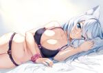  1girl animal_ear_fluff animal_ears bangs bare_shoulders bed_sheet blue_eyes blush bra breasts cleavage collarbone fox_ears frilled_bra frilled_panties frills highres ihachisu jewelry large_breasts long_hair looking_at_viewer lying meridian_project mizuki_channel navel on_bed on_side panties pillow purple_bra purple_panties ring scrunchie smile solo sparkle teeth underwear white_hair wrist_scrunchie 