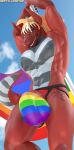  3d_(artwork) absurd_res anthro blender_(software) bulge clothing digital_media_(artwork) english_text flag flag_(object) hair hi_res holding_flag holding_object jockstrap lgbt_history_month lgbt_pride looking_at_viewer male muscular muscular_male nipples nude rainbow_pride_colors ram_(reptilligator) reptilligator scales scalie six-stripe_rainbow_pride_colors solo text underwear waving_flag 