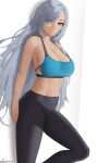  1girl absurdres bangs bare_arms bikini black_pants blue_sports_bra breasts cleavage closed_mouth genshin_impact grey_hair highres large_breasts long_hair looking_at_viewer pants shenhe_(genshin_impact) solo sports_bra stading swimsuit thighs very_long_hair white_background yoga_pants zaphn 
