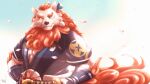  2022 anthro armguards asian_clothing asian_mythology beard black_nose blue_eyes blue_sky clothed clothing colored east_asian_clothing east_asian_mythology elbow_fur eyebrows facial_hair fangs foo_dog fur hair hi_res japanese_clothing japanese_mythology katana komainu male mammal melee_weapon mythology orange_eyebrows orange_hair orange_tail petals sdorica signature sinbeh_a sky solo sword thick_eyebrows tied_hair toyokuni weapon white_body white_fur yōkai 