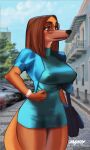  2022 absurd_res afyillustration anthro big_breasts breasts brown_body brown_fur canid canine canis clothed clothing domestic_dog eyewear female fur glasses hi_res hunting_dog illumination_entertainment mammal photo_background purse saluki sighthound sing_(movie) solo suki_lane 