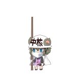  1girl animal_ears bangs black_shirt blue_eyes chibi commentary_request cookie_(touhou) dress fake_nyon_(cookie) full_body gloves grey_hair hardhat helmet holding holding_staff leftame long_sleeves mask molotov_cocktail mouse_ears mouse_girl mouth_mask nazrin pinafore_dress pink_dress shirt short_hair solo staff touhou transparent_background white_gloves zenkyoutou 