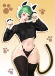  1girl absurdres ahoge alternate_breast_size animal_ears animal_print black_legwear black_panties black_shirt breasts cat_ears cat_panties cat_print cat_tail english_commentary fake_animal_ears fake_tail green_eyes green_hair highres lips long_sleeves medium_breasts medium_hair no_pants one-punch_man panties paw_pose paw_print paw_print_background popogori print_panties pun shirt tail tatsumaki thighhighs thighs underwear wavy_hair 