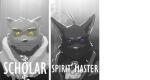  2015 ahoge anthro canid canine clothed clothing coat digital_media_(artwork) digital_painting_(artwork) diptych domestic_cat dramatic_lighting duo eyewear fantasy felid feline felis gameplay_mechanics glasses glowing glowing_eyes hair male mammal monochrome nyuudles raccoon_dog serious_face tanuki topwear 