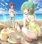  3girls :d bangs beach blonde_hair blue_eyes blue_hair blunt_bangs blush breasts buried closed_eyes flower green_eyes green_hair hair_between_eyes hair_flower hair_ornament highres long_hair looking_at_viewer magia_record:_mahou_shoujo_madoka_magica_gaiden mahou_shoujo_madoka_magica medium_breasts mitsuki_felicia multiple_girls nanami_yachiyo natsume_kako one-piece_swimsuit open_mouth pikuru plaid plaid_swimsuit sand sarong sidelocks smile swimsuit twintails 