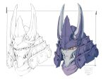  1boy character_name cyclonus head_only helmet highres horns humanization lineart looking_ahead male_focus red_eyes samurai transformers white_background yinghawk 