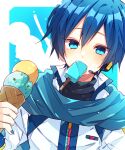  1boy bangs blue_eyes blue_hair blush coat double_scoop food food_in_mouth hand_up headphones headset highres holding_ice_cream ice_cream ice_cream_cone kaho_0102 kaito_(vocaloid) long_sleeves looking_at_viewer nail_polish popsicle_in_mouth scarf short_hair solo vocaloid zipper 