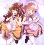  2girls alternate_costume apron bangs blunt_bangs braid brown_eyes brown_hair enmaided frills heart heart_hands highres long_hair looking_at_viewer magia_record:_mahou_shoujo_madoka_magica_gaiden mahou_shoujo_madoka_magica maid maid_apron maid_headdress multiple_girls one_eye_closed open_mouth pikuru pink_eyes pink_hair satomi_touka sidelocks skirt smile tamaki_iroha twintails waist_apron 