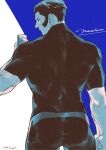  1boy absurdres ass back bara black_bodysuit blue_background bodysuit brown_hair clenched_hand highres looking_at_phone male_focus maxima meno_(ykgk) muscular muscular_male older phone short_hair sideburns simple_background the_king_of_fighters white_background 