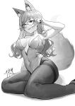  1girl :p absurdres adjusting_eyewear alternate_costume animal_ear_fluff animal_ears bangs bare_shoulders breasts breasts_apart covered_navel feet_out_of_frame glasses greyscale hand_up highres ihachisu leotard long_hair medium_breasts meridian_project mole mole_on_breast monochrome pantyhose seki_(vtuber) semi-rimless_eyewear sitting smile solo tail thighband_pantyhose tongue tongue_out virtual_youtuber wolf_ears wolf_girl wolf_tail yokozuwari 