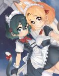  2girls alternate_costume animal_ears apron black_dress black_gloves black_hair blonde_hair blue_eyes blush bow bowtie cat_ears cat_girl cat_tail commentary dress enmaided extra_ears girutea gloves highres kaban_(kemono_friends) kemono_friends kemonomimi_mode looking_at_viewer maid maid_headdress matching_outfit multiple_girls night night_sky pantyhose puffy_short_sleeves puffy_sleeves ransusan red_bow red_bowtie serval_(kemono_friends) short_hair short_sleeves sky smile tail tail_bow tail_ornament thighhighs white_apron white_legwear yellow_eyes zettai_ryouiki 