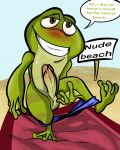  absurd_res amphibian anthro balls beach blush clothing erection frog genitals hi_res illegaleel male nude_beach offscreen_character prince_naveen seaside solo swimwear swimwear_around_legs swimwear_down talking_to_another the_princess_and_the_frog towel undressing 